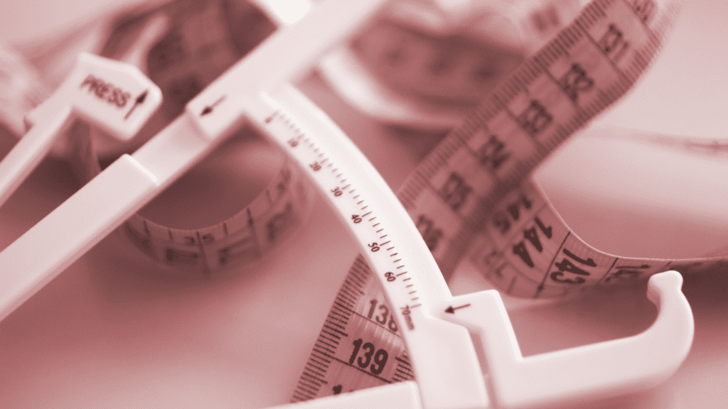 body recomposition tools, skin fold caliper and tape measure